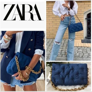 Zara Quilted Padded Blue Denim Shoulder  Bag Purse Chunky Gold Chain Handle